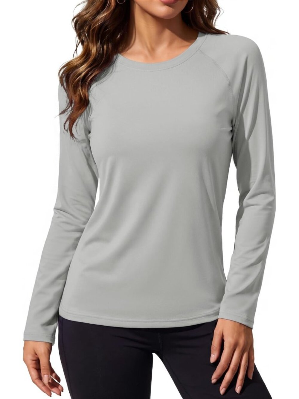 Women's Light Grey Long Sleeve Crew Neck Warm Undershirts Casual Tops Shirts